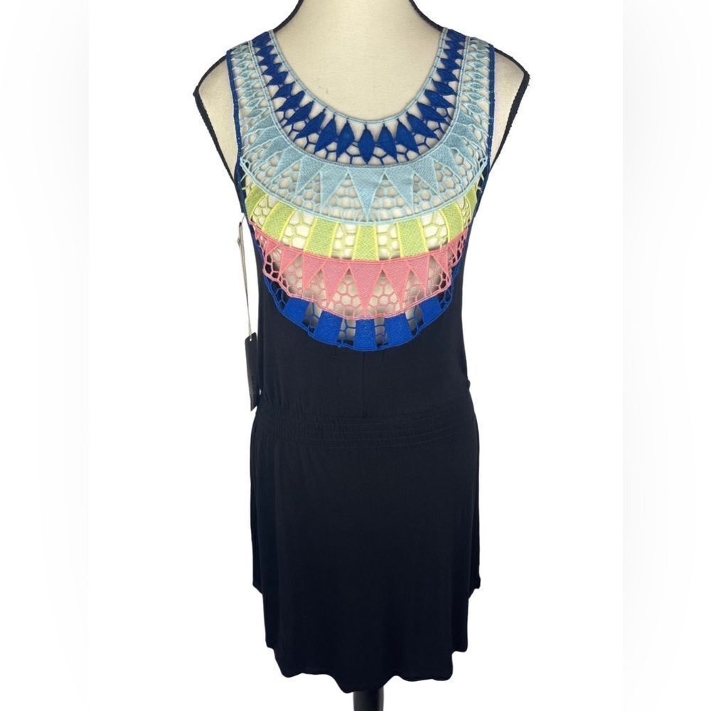 Ocean Drive Black Mini Sundress romper ‎ W/ Colorful Crotchet Front Size: S